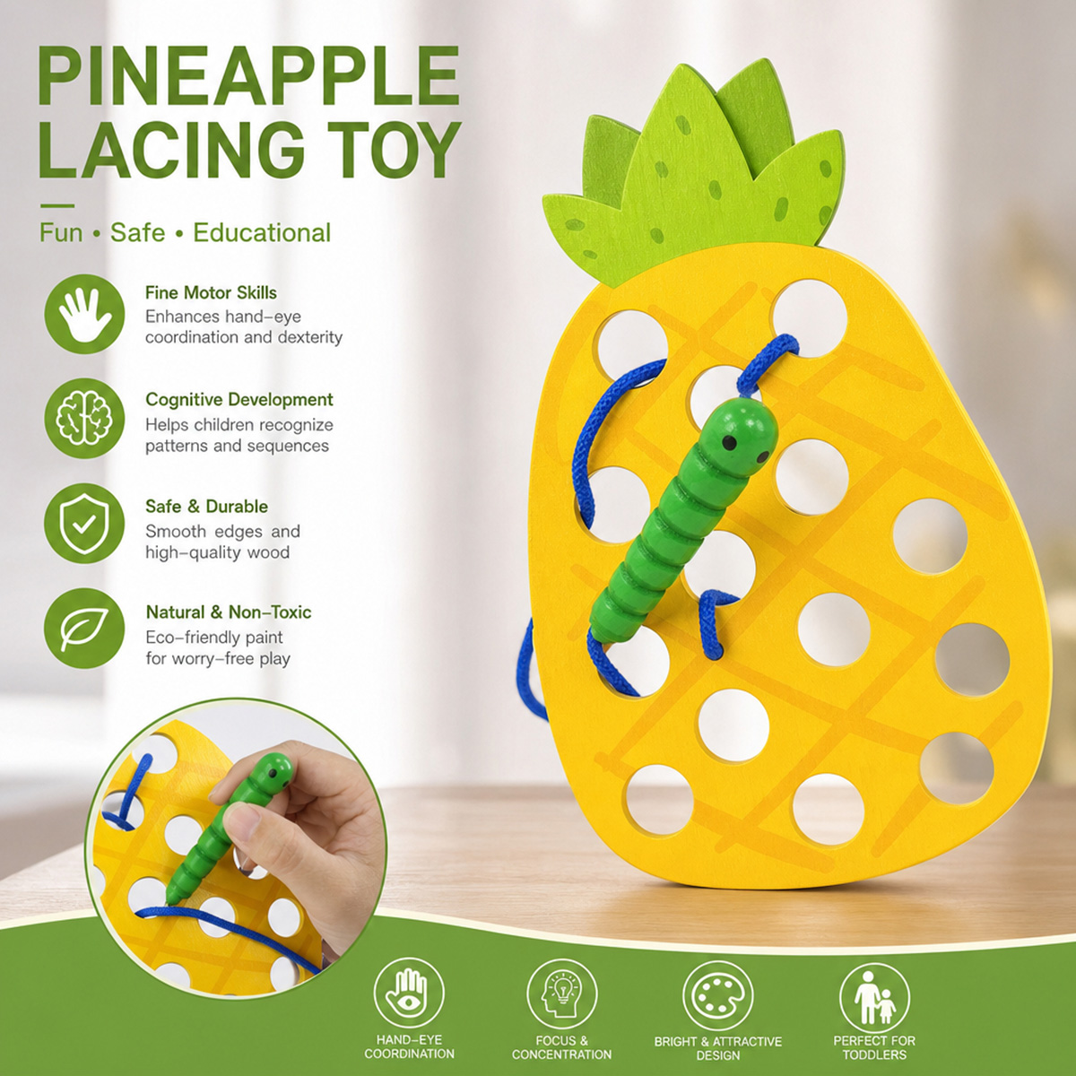 Woodworking Kids Toys - Houten veterspel met ananas, draadspeelgoed, puzzelspel,